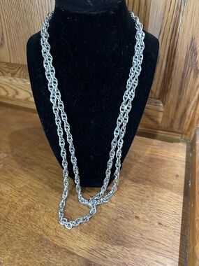 Vintage Crown Trifari Opera Length Silver Tone Chain Necklace